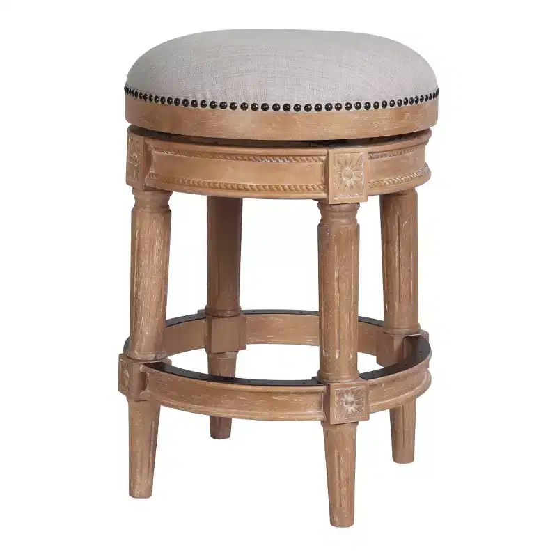 HomeRoots 26 Beige And Natural Solid Wood Swivel Backless Counter Height Bar Chair