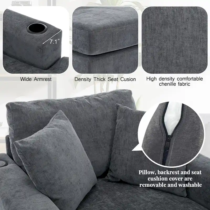 43.5  Chenille Fabric Chaise Lounger Sofa Couch with Pillows, Charge Station & Cup Holders