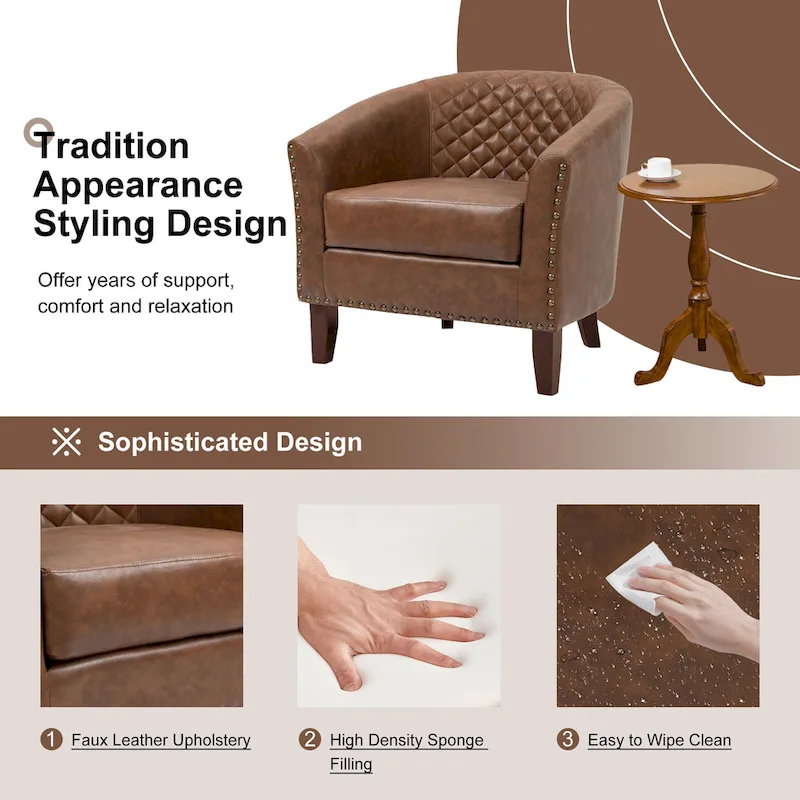 Ethan Accent Chair Barrel PU Leather with Nailhead Trim