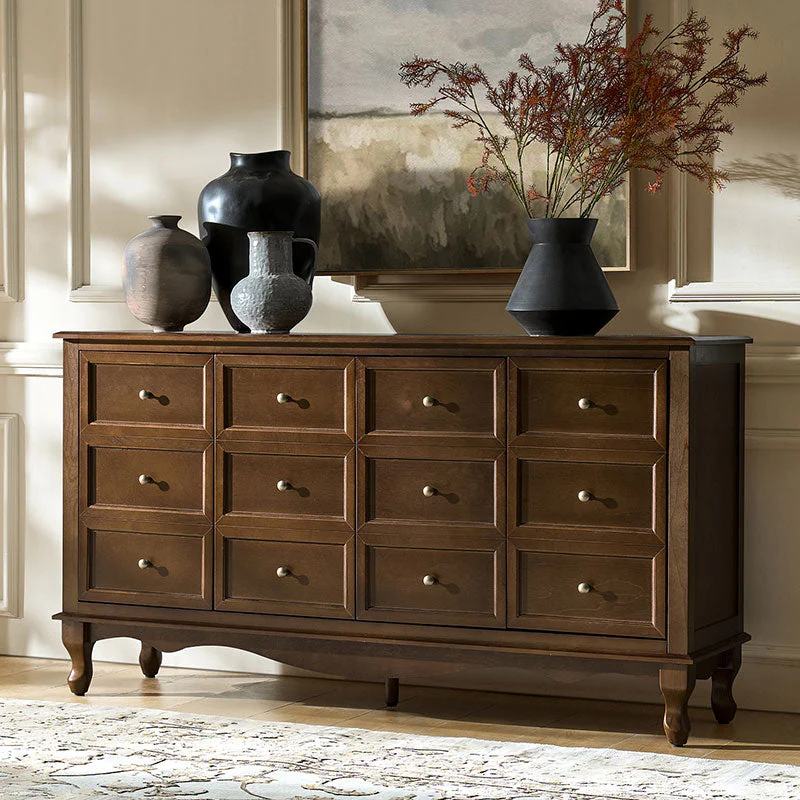 4-Door Sideboard Cabinet with Faux Drawer Facade, Adjustable Shelves & Antique Metal Knobs | Walnut / Acorn | Single