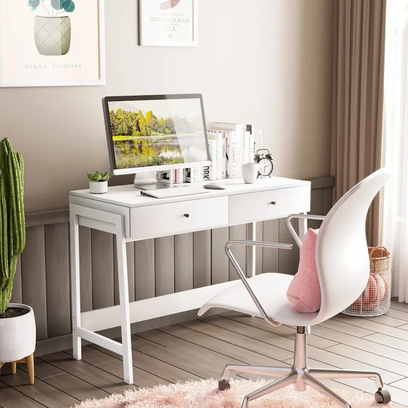 43-inch Computer Desk with 2 Drawers – White, Modern, For 1 Person