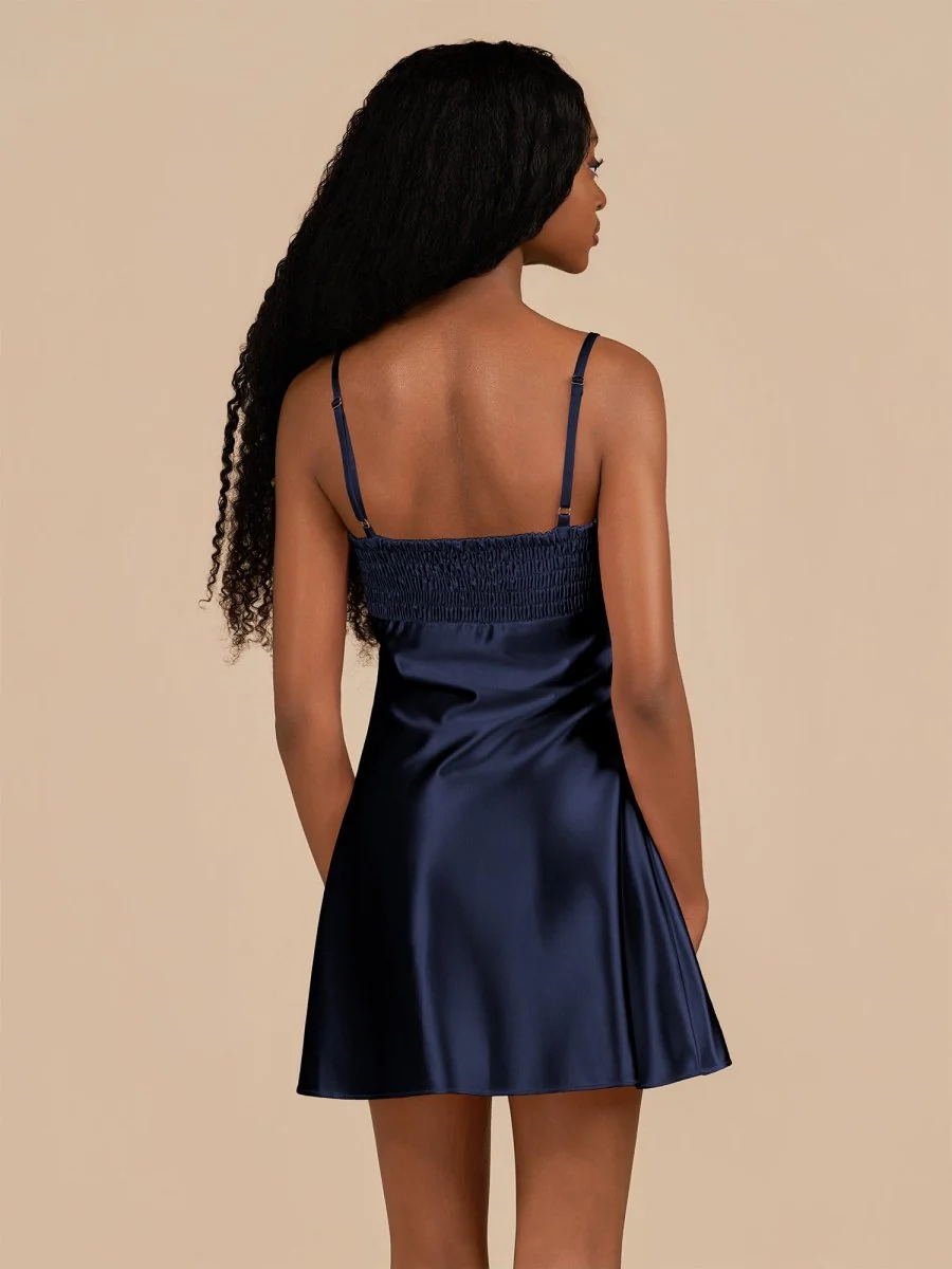 Navy Blue - Sheath Spaghetti Straps Satin Homecoming Dress