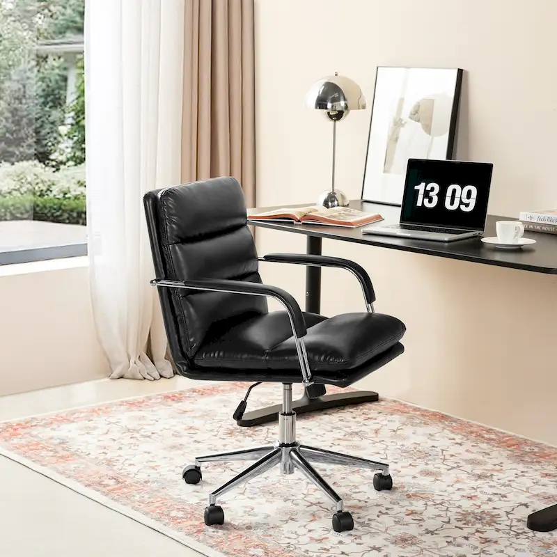 PU Leather Swivel Office Chair with Bamboo Armrests – Cocoa / Brown / Black, Mid-Back, Single User