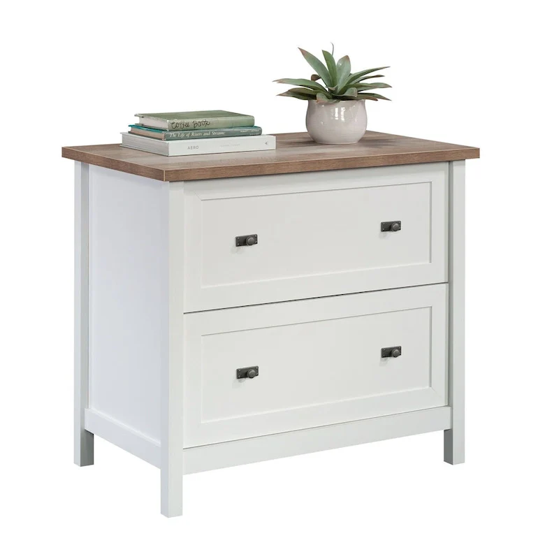 White 2-Drawer Lateral File Cabinet with Oak Accent Top, Single-User