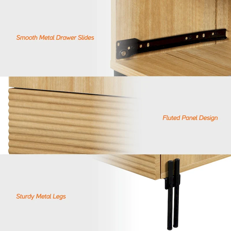 WAMPAT Fluted Nightstand with Charging Station,Modern Side Table with 2 Drawers