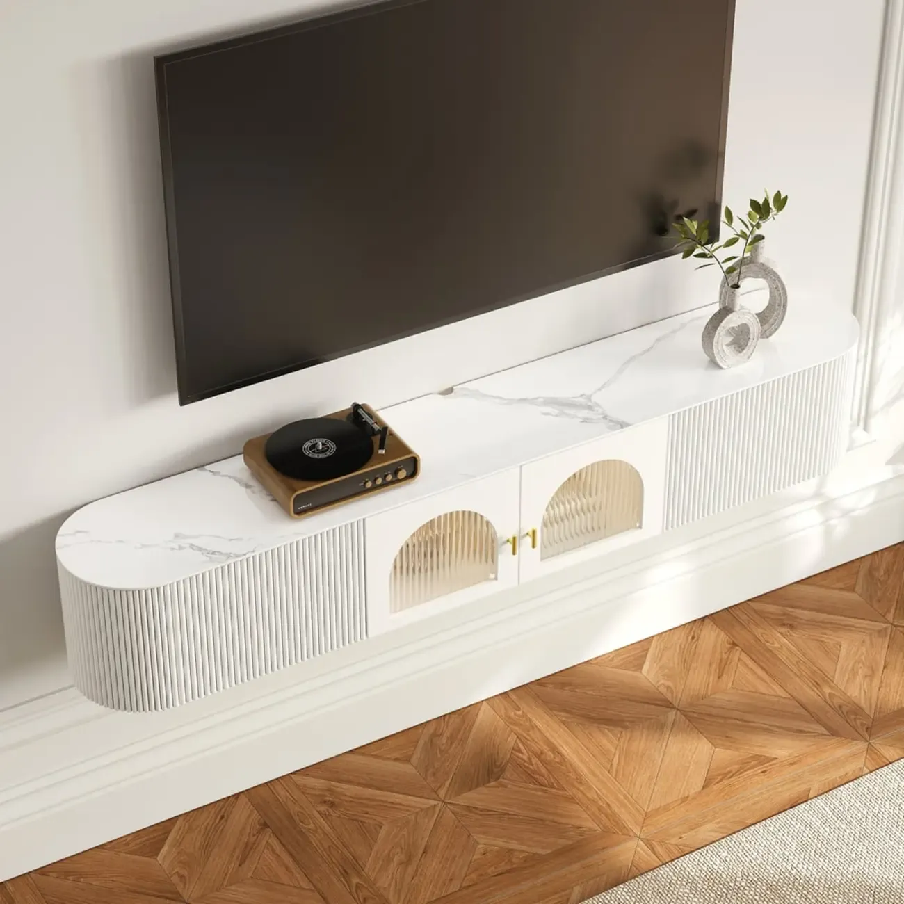 White Modern Marble 2-Drawer Wall-Mounted TV Stand