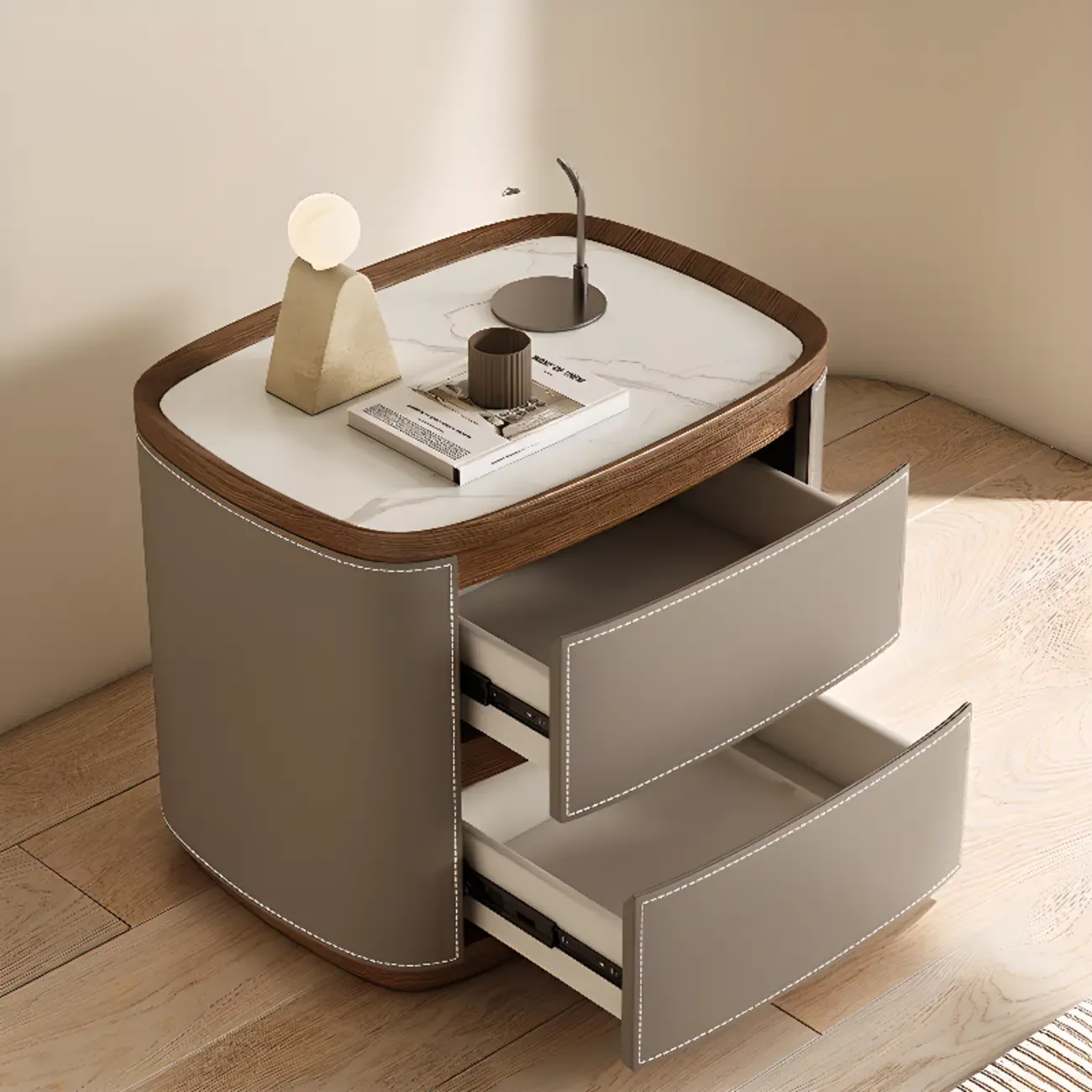 Trendy Low Tray-Top 2 Layer Solid Wood Nightstand