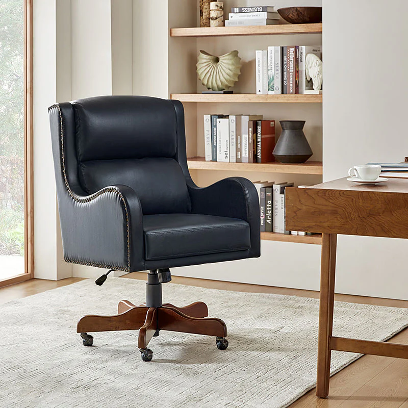 PU Leather Executive Task Chair with Adjustable Height, Center Tilt & Rubberwood Legs | Navy / Beige / Camel | Single Seat