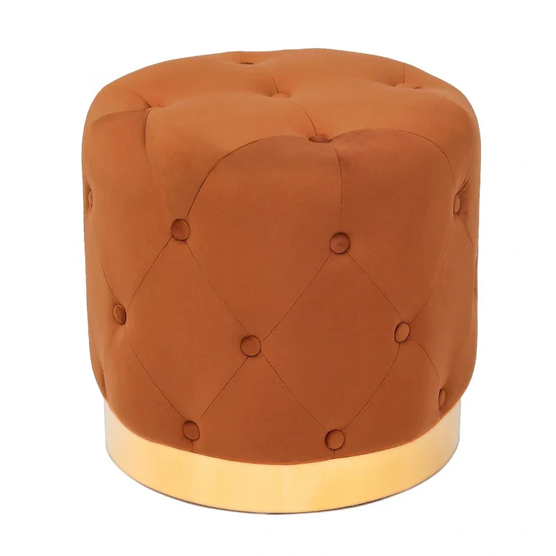 Adeco Round Velvet Ottoman Vanity Footrest Stool Gold Plating Base