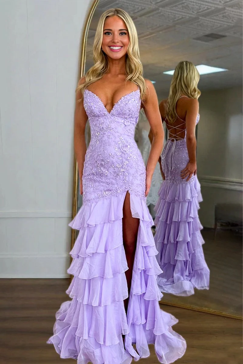 Lilac - Spaghetti Straps Mermaid Lace Appliqued Prom Dresses With Ruffles
