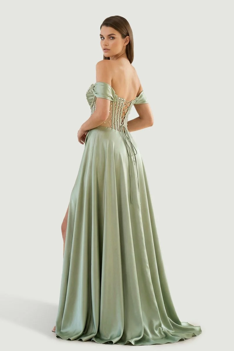 Sage Off The Shoulder A Line Satin Beaded Prom Dresses With Slit