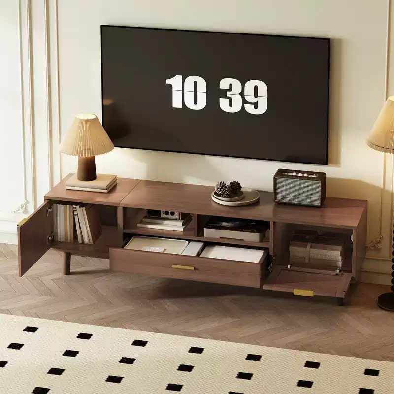 GDFStudio Gael Wood TV Stand with Rattan Weave Drop-Down Door Cabinet & Line Pattern Door