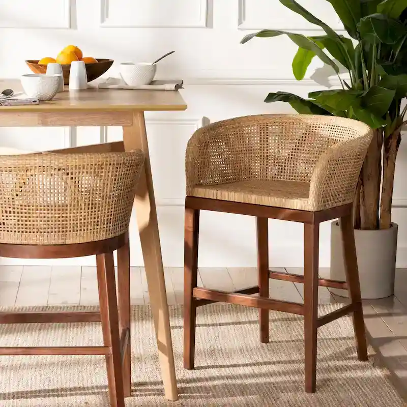Papua Modern Bohemian Natural Rattan and Acacia Wood Counter Stool