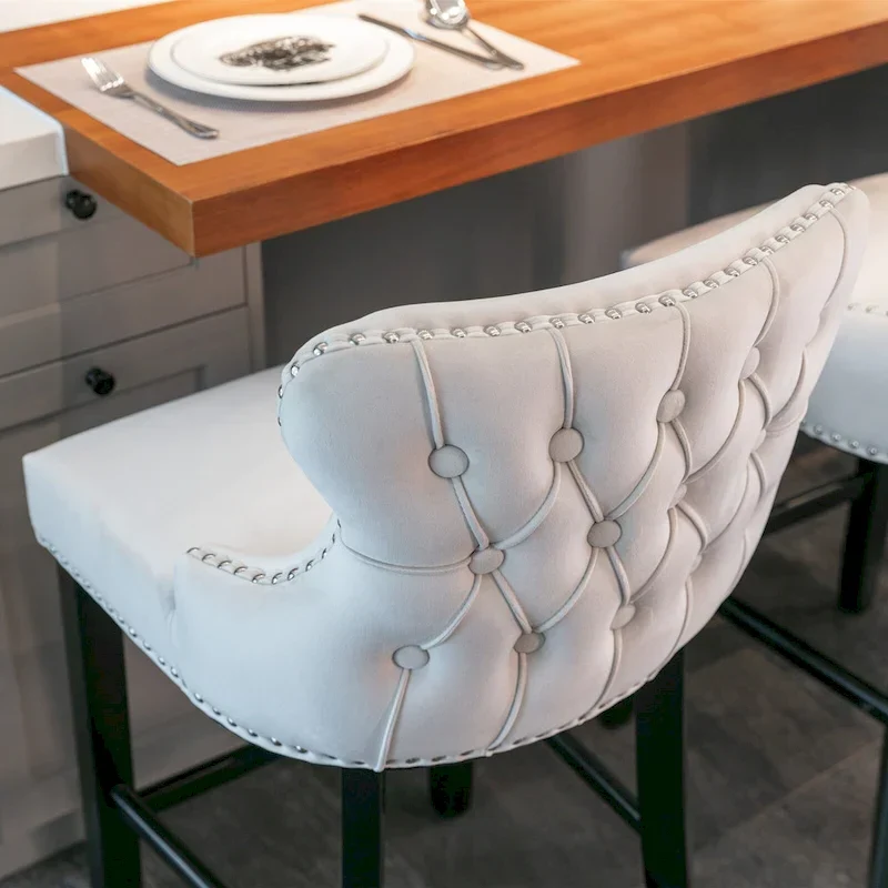 Velvet Wing-Back Barstools with Button Tufting – Set of 2