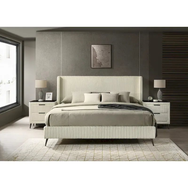 Cream Wide Wale Corduroy Panel Bed with 2 Nightstands, Queen/King, 3-Piece Set