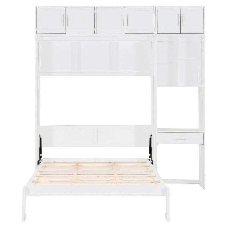 Full Size Wall Murphy Bed with Desk, Top Cabinet and Storage Shelves, Space Saving Foldable Bed,White
