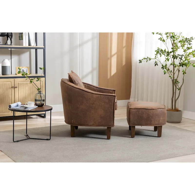 Mid-Century Upholstered Barrel Accent Round Arm Chair with Ottoman