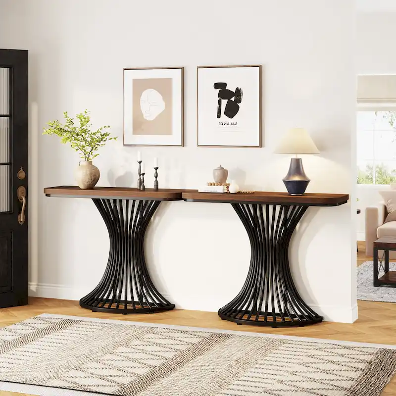 39-Inch Industrial Console Entryway Table Small Sofa Accent Table with Geometric Metal Base - 39.37 (L) x 11.8 (D)