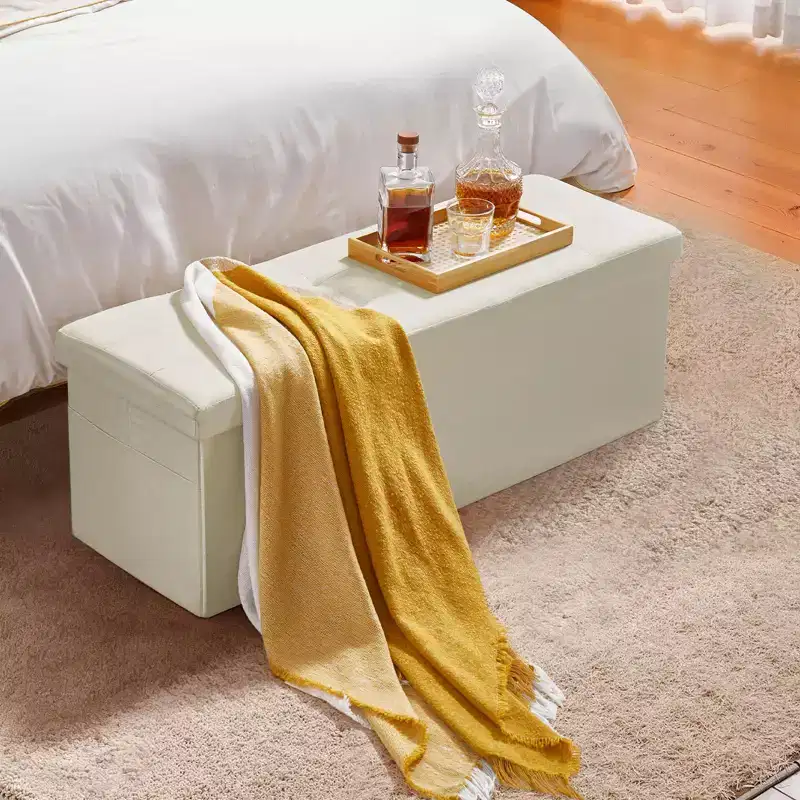 VEVOR Foldable Storage Ottoman Bench, End of Bed Bench with Side Bags, Folding Upholstered Storage Chest Supports 660 lbs, Linen Bed Ottoman, Beige