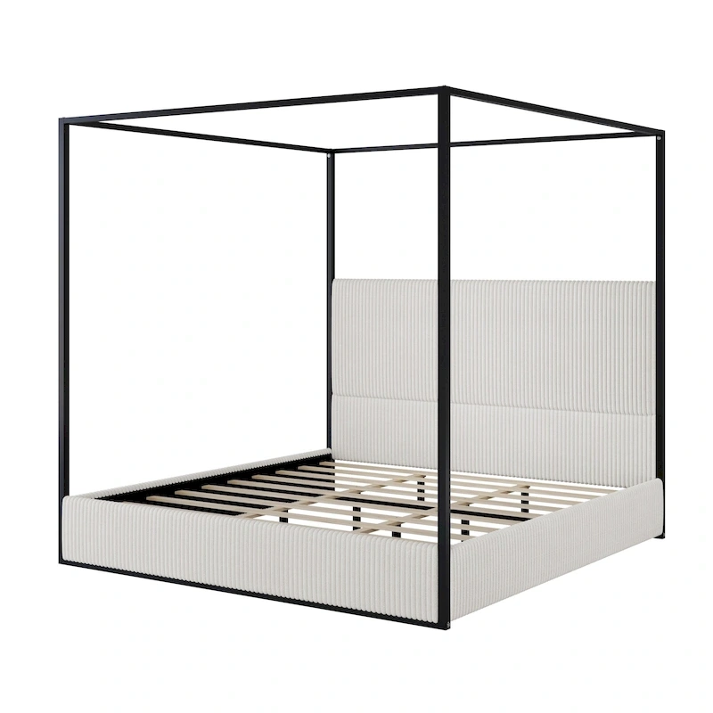 Modern Luxury Metal Canopy Bed with Tall Upholstered Headboard & Four Poster