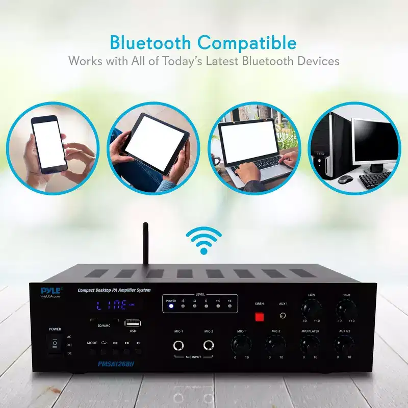 Pyle 500W Bluetooth Public Address Amplifier Receiver - Compact Desktop System with FM Radio (PMSA126BU)