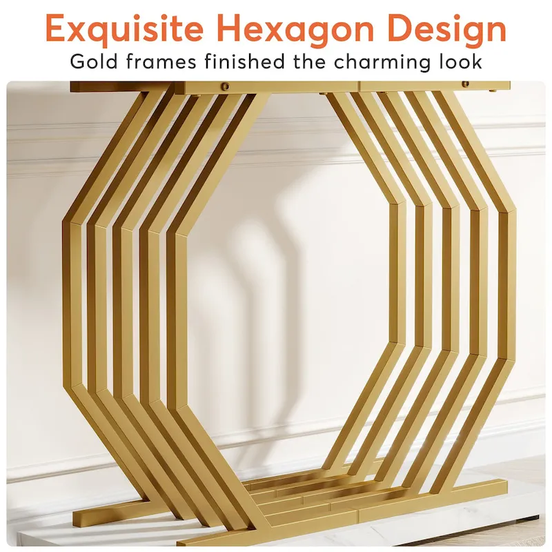 39.37 Gold Console Table, Modern White Marble Sofa Table with Geometric Metal Base