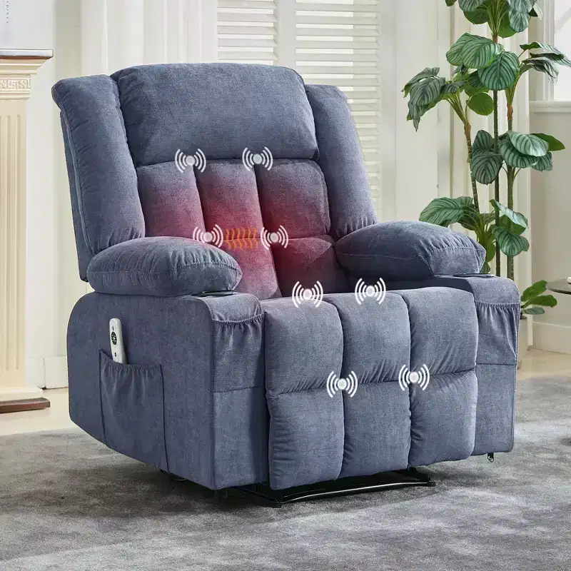 Large Recliner Chair, Manual Reclining Sofa with Massage and Heat, Comfy Sofa Chair with 3 Positions, 2 Side Pockets, 2 Front Pockets and 2 Cup Holder