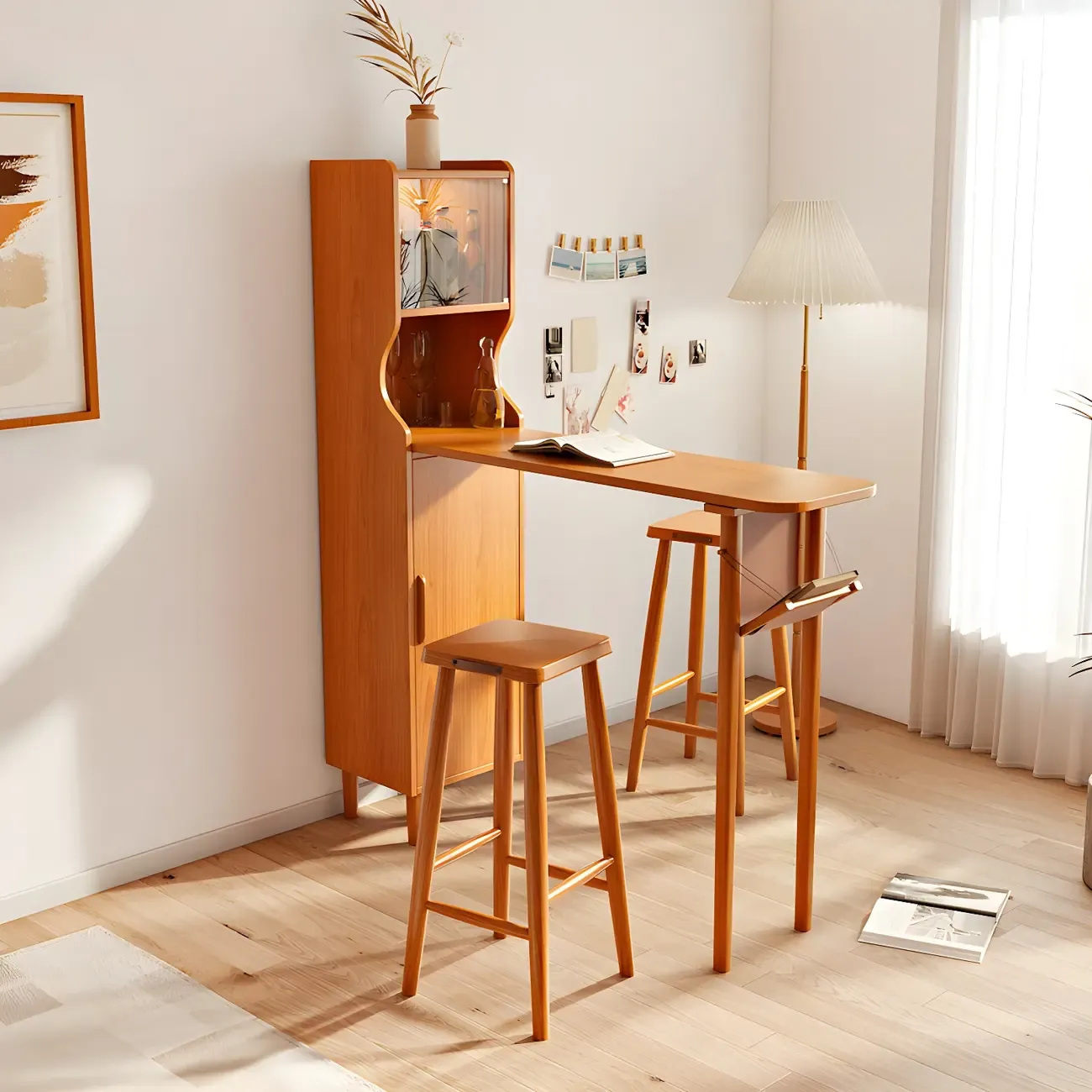 Scandinavian Natural Cherry Wood Storage Bar Tables