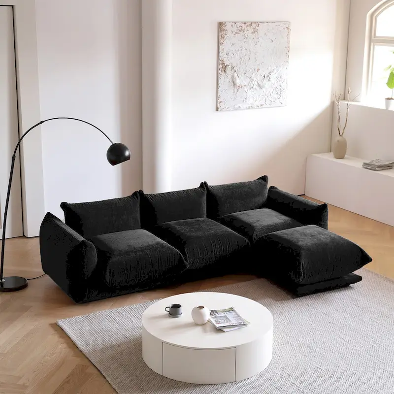 Modern Black Chenille Sectional Sofa Comfy Modular Couch with Ottoman