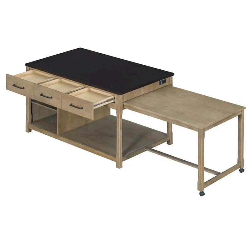 Extendable Kitchen Island with Power Outlets - Distressed Wood