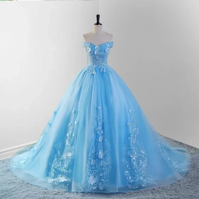 Sky Blue Tulle 3D Flowers Quinceanera Dresses With Train