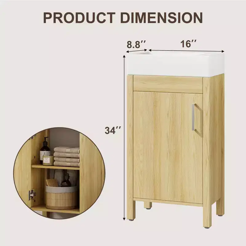 Space-Saving Modern Bathroom Vanity with basin - 16 Inch Freestanding Wooden Cabinet, Metal Handle, Farmhouse Style, Easy Assembly