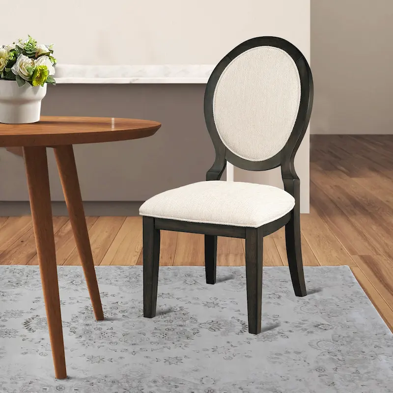 20 Inch Dining Chair, Set of 2, Oval Padded Back, Polylinen Cream Fabric