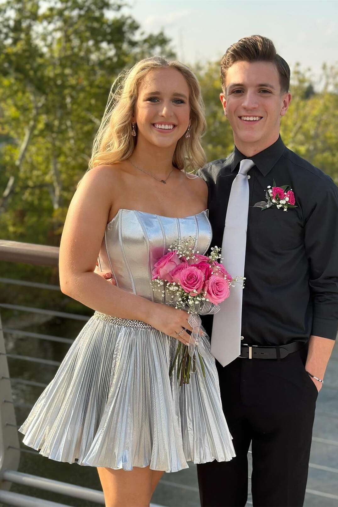 Silver - Strapless A Line Metallic Pleated Homecoming Dresses With Beading