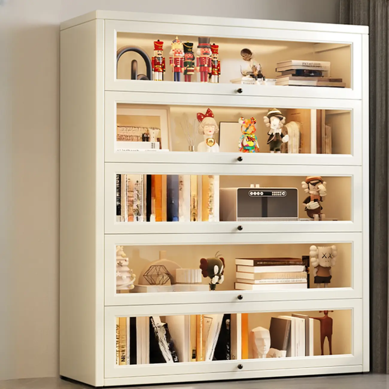 Chalk Vertical Bookshelves with 3 Cabinets, 3-Shelf Alloy Frame and Closed Back