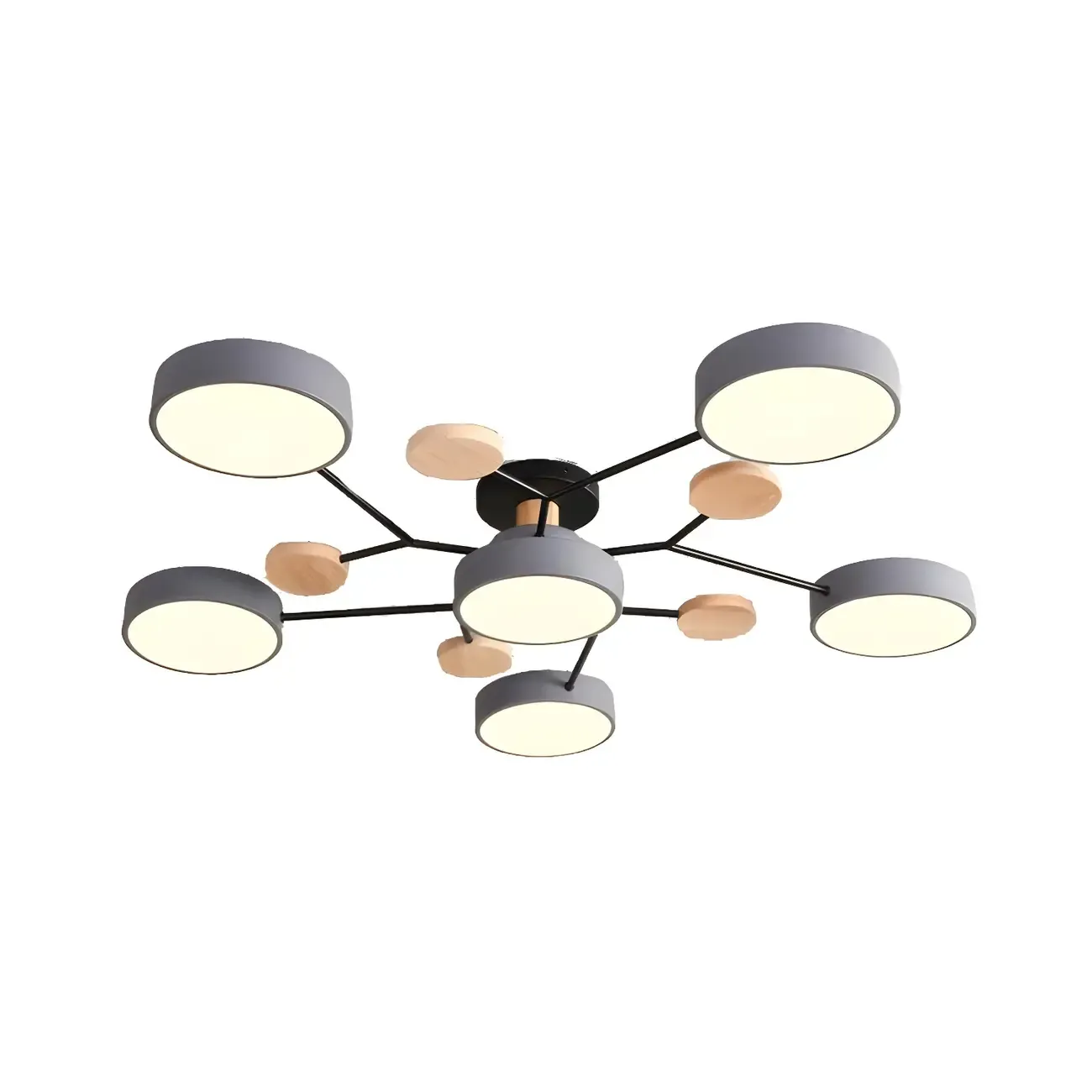Large Gray Round Metal Semi-Flush Ceiling Light, 7-Light