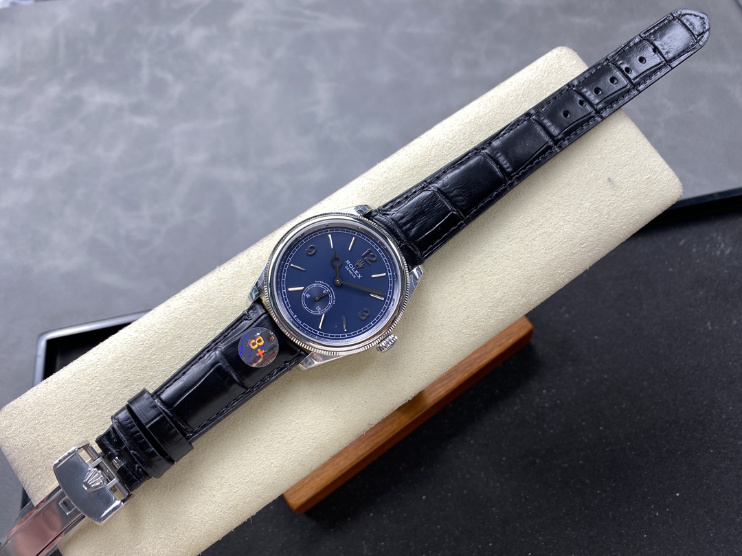 High quality fake Rolex 1908 blue dial on black leather strap with green sticker