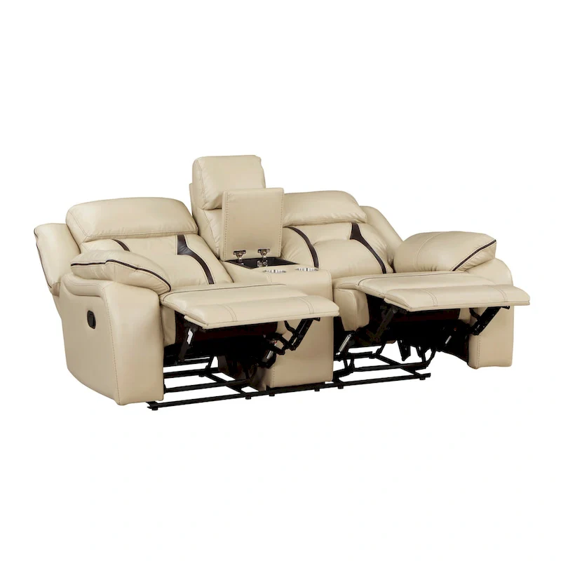 Millie 76 Inch Manual Dual Recliner Loveseat, Cupholder, Beige Faux Leather