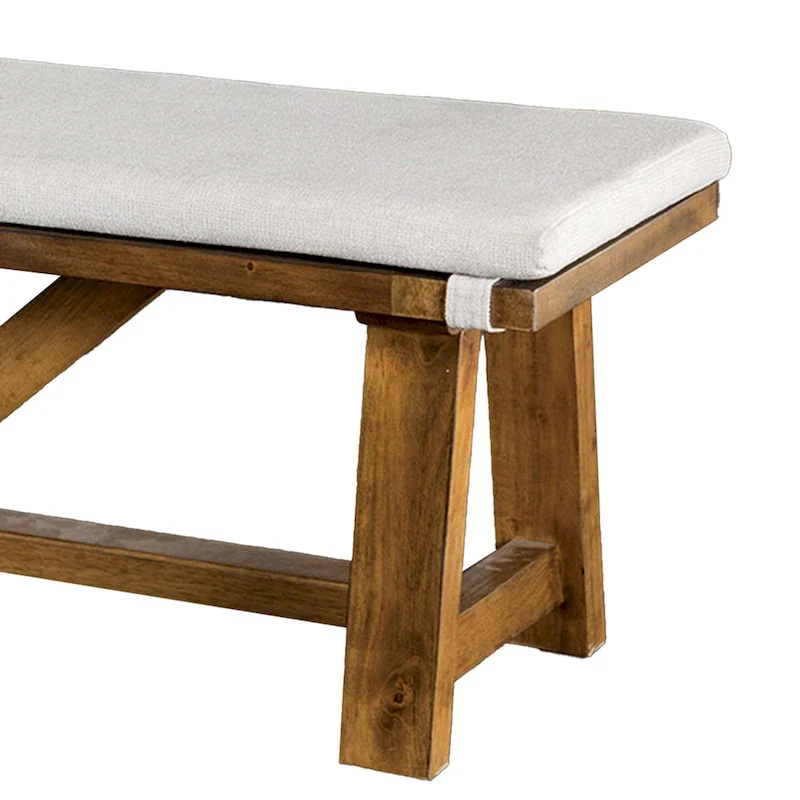 Jule Dining Bench, Trestle Base, 69 Inch, Brown Wood with Off White Seat