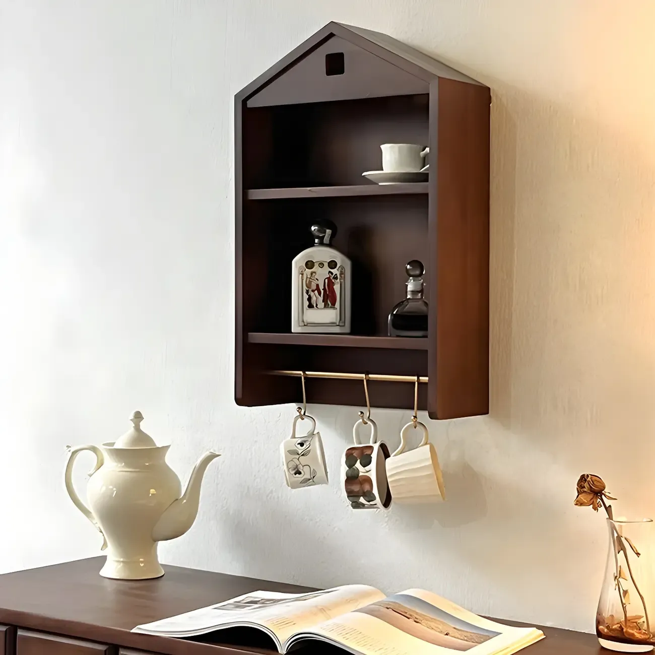 Classicial House-shaped 2 Shelves Floating Wood Display Cabinet
