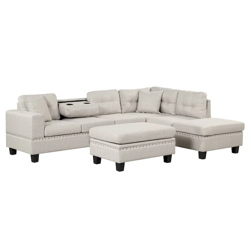 Grey 105 L-Shaped 7-Seat Modern Sectional Sofa with 2 Cushions, Reversible Chaise, Storage Ottoman, and Cup Holders