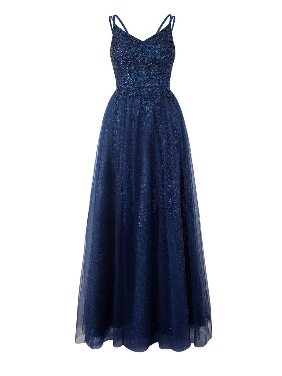 Navy Blue A-line Floor Length Glitter Tulle Prom Dress