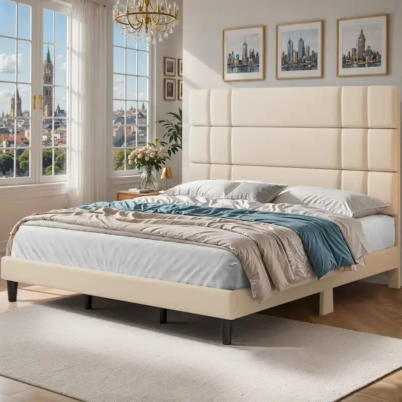 Linen Upholstered Headboard Platform Bed – Beige / Grey, Queen / King, Sleeps 2