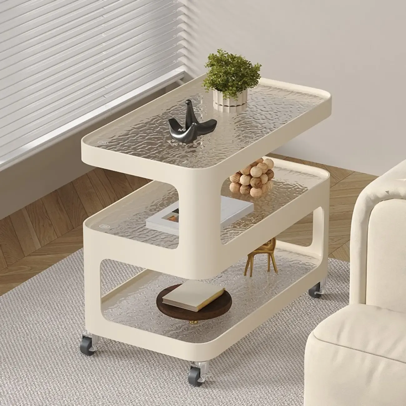 Unique 3-Tier Rotating White Corrugated Glass Metal Side Table