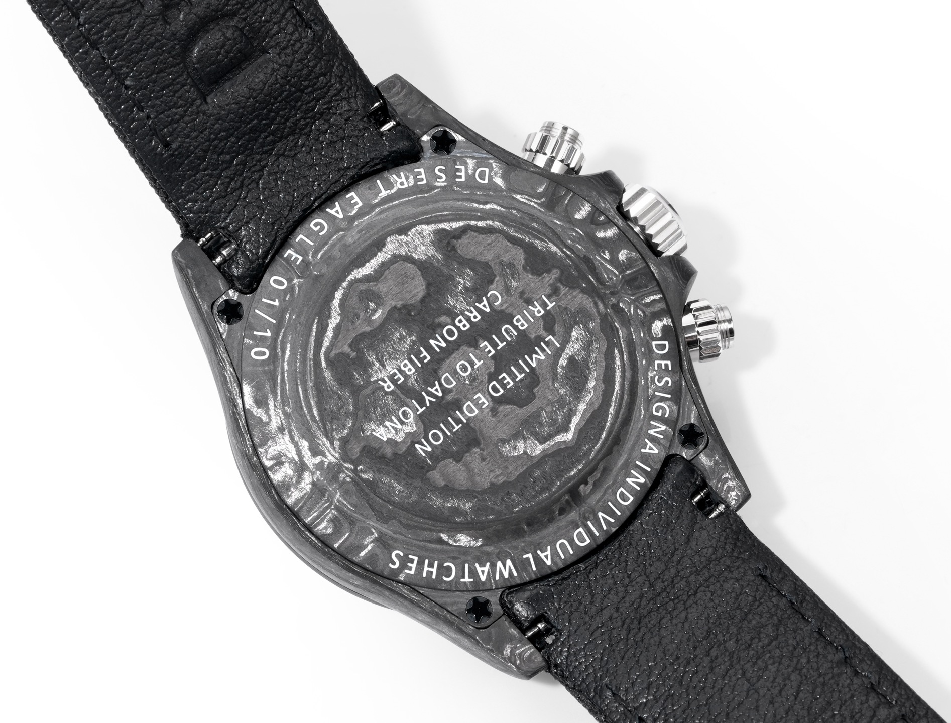 Carbon fiber case back engraving and limited edition text on a high quality rolex replica