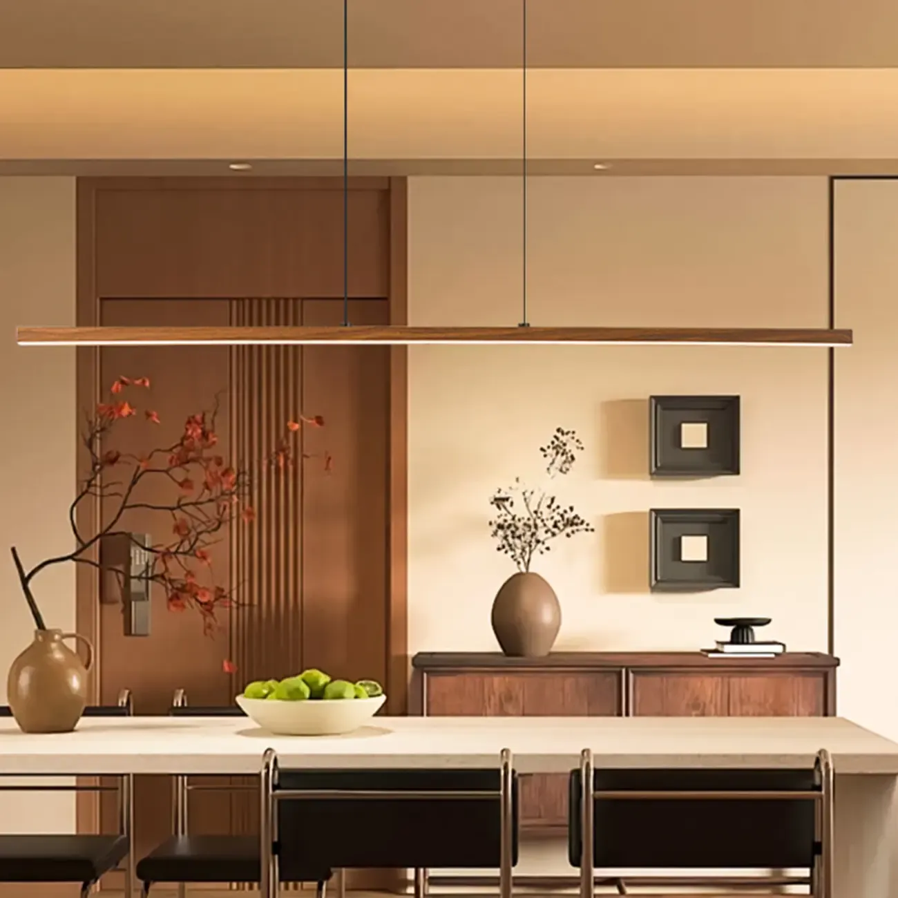 Modern Walnut LED Island Light for Kitchen High Ceilings