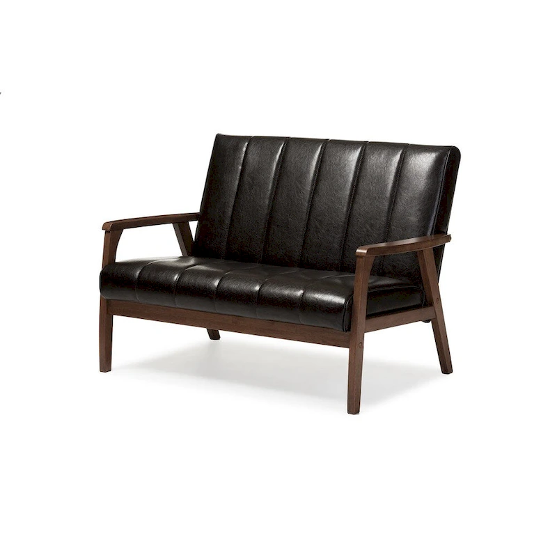 Baxton Studio Nikko Mid-century Modern Scandinavian Style Dark Brown Faux Leather Wooden 2-Seater Loveseat