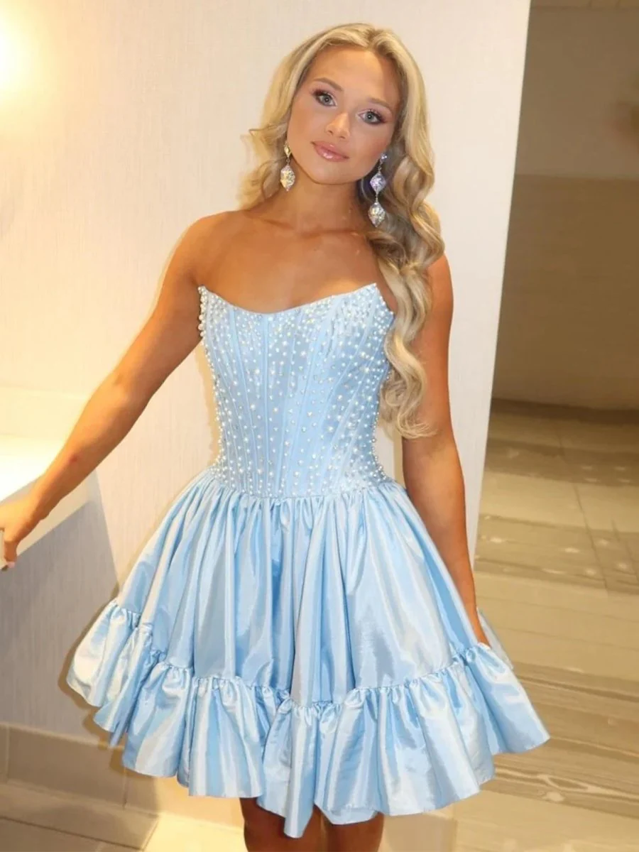 Sky Blue - Strapless A Line Satin Ruffles Homecoming Dresses With Pearls