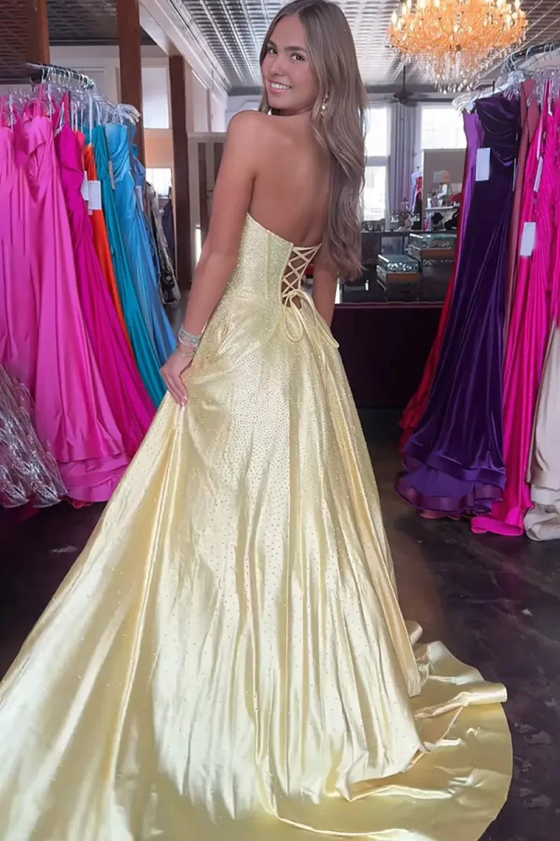 Yellow - Strapless A Line Satin Beaded Long Prom Dresses With Pockets