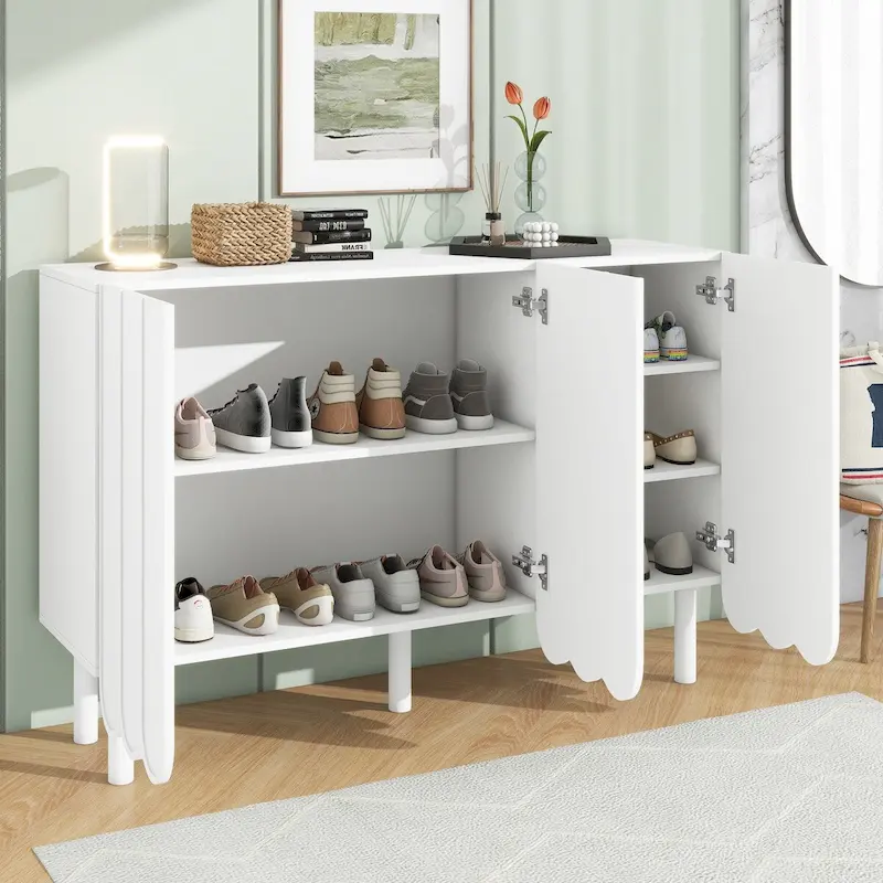 Cream Style Minimalist Shoe Cabinet with 5 Solid Wood Legs, Sideboard Buffet Cabinet with Adjustable Shelves, Wave Doors